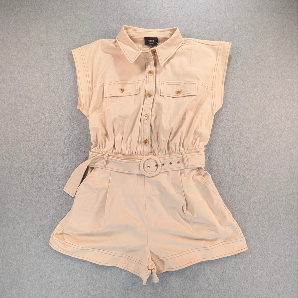 VICI Womens Tan Sleeveless Utility Button Front Belted Romper Large Beige